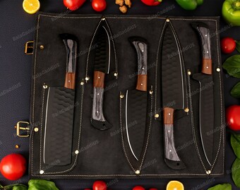 5Pcs Hand Forged Damascus Steel Chef Set, Damascus Knife Set, Damascus Chef's Knife Set, Damascus Kitchen Knife Set, Christmas Gifts.