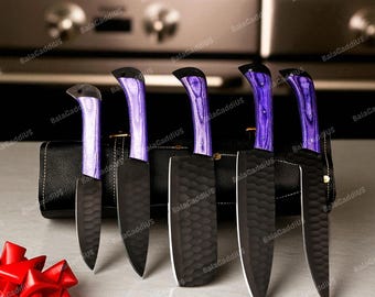 HAND FORGED Damascus Steel Chef Knife Set, Kitchen Knives | Chef Knife Set, Handmade 5 Pcs Luxury Damascus Knife Gift for Him, Gifts for Her