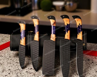 HANDMADE Damascus Steel Chef Knife Set, Kitchen Knives | Chef Knife Set, Handmade 5 Pcs Luxury Damascus Knife Gift for Him, Christmas Gifts.