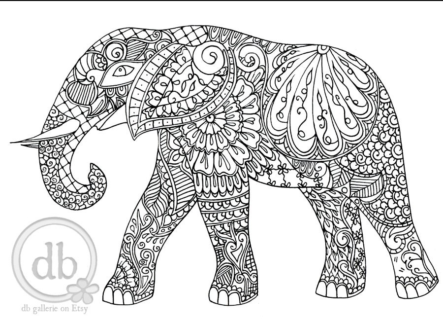 Adult coloring poster Henna Elephant print
