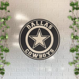 Dallas Cowboys Wooden Wall Decor, Round Laser Cut Design with Light and Black Wood Layers, Rustic NFL Team Art for Home or Office