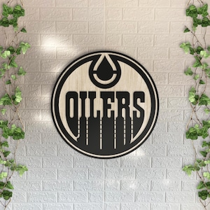 Edmonton Oilers Wooden Wall Decor, Round Laser Cut Design with Light and Black Wood Layers, Rustic Hockey Team Art for Home or Office