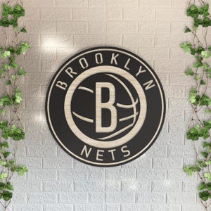 Brooklyn Nets Wooden Wall Decor, Round Laser Cut Design with Light and Black Wood Layers, Rustic Basketball Art for Home or Office