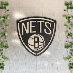 Brooklyn Nets Wooden Wall Decor, Round Laser Cut Design with Light and Black Wood Layers, Rustic Basketball Art for Home or Office