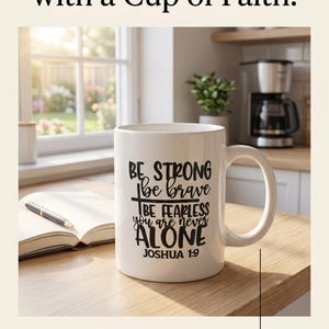 May include: White ceramic mug with the text "BE STRONG, be brave, be fearless, you are never ALONE, Joshua 1:9". The mug is on a wooden surface with a book and pen. The image also includes a coffee maker.