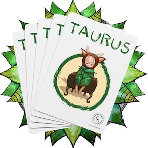 Könnte beinhalten: Ein Fächer aus fünf weißen rechteckigen Karten mit dem Wort TAURUS in grüner Schrift. Die oberste Karte zeigt eine Zeichentrickfigur mit brauner gehörnter Kapuze und grüner Decke, die auf einem braunen Stuhl in einem grünen Kreis sitzt.