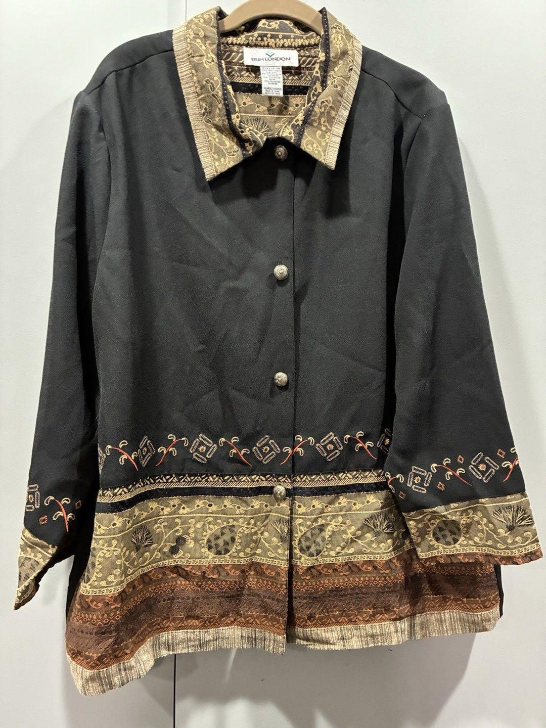 Erin London Black Patterned Button Front Jacket XL Vintage Boho - Etsy