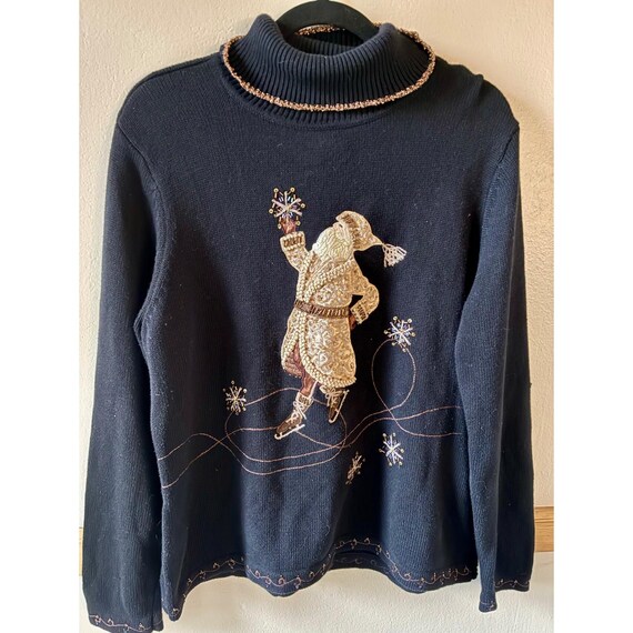 Talbots, Vintage Talbots XL Black Wool Cotton Beaded Santa Snow Turtleneck Sweater Whimsy