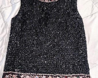 1950s Black Hand Beaded Sleeveless Floral Shell Top Size S/M Femme Fatale Glam