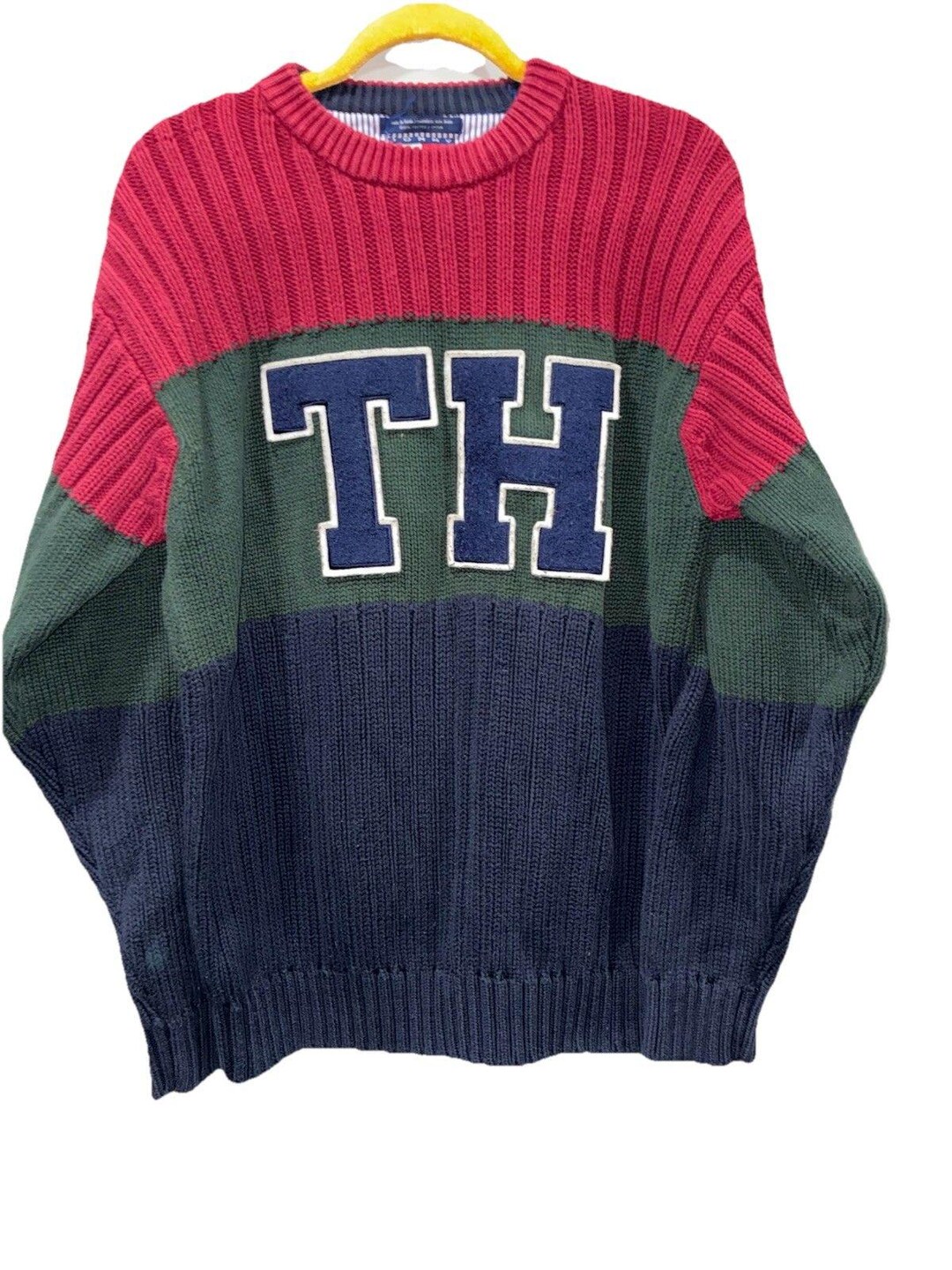 RARE VTG Tommy Hilfiger Bold Initial Patch Logo Colorblock Knit Sweater ...