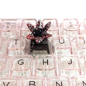 Könnte beinhalten: Eine individuelle Tastenkappe mit einem detaillierten, dunkelroten und schwarzen Blumendesign, platziert auf einer transparenten, rosa getönten Tastatur. Diese dekorative Tastenkappe ist eine einzigartige Ergänzung für mechanische Tastaturen.