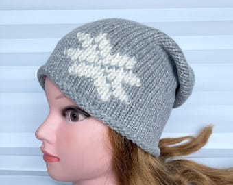 Hand Knit Gray Wool Hat,  Winter Beanie, Warm Beret, Women's Accessories