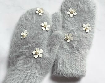 Winter Mittens Warm Gray Rabbit Wool Mittens  Women's Accessories Gloves