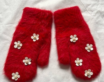 Winter Mittens Warm Red  Rabbit Wool Mittens  Women's Accessories Gloves
