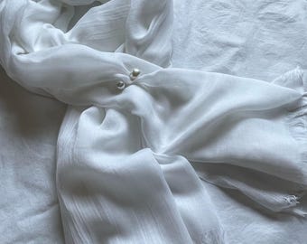 White Cotton Scarf with Pin, Large Shawl, Soft Summer Wrap, Accessories