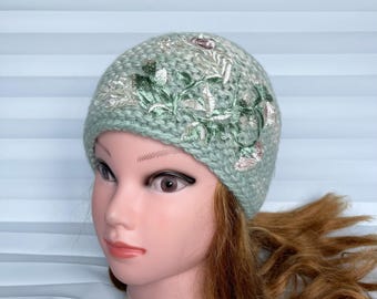 Hand Knit Wool Hat, Green Beanie, Warm Beret, Women's Accessories