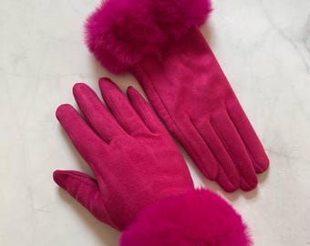 Guantes Smart Touch rosa oscuro. Mitones cálidos, accesorios para mujer.