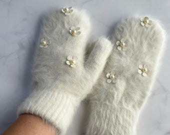 Mitones de lana de conejo blanco, guantes cálidos de invierno, accesorios