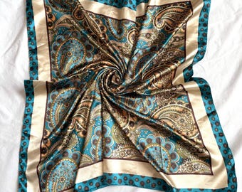 Blue Beige Silk Neck Scarf, Bandana, Square Shawl, Soft Summer Wrap, Accessories