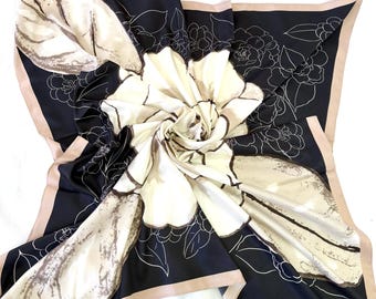 Black Beige Silk Neck Scarf, Bandana, Square Shawl, Soft Summer Wrap, Accessories