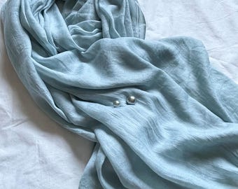 Dusty Blue Cotton Scarf with Pin, Large Shaw, Summer Wrap, Accessories