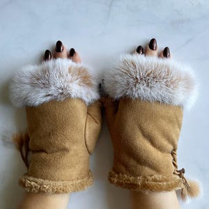 Fingerless Gloves Winter Gloves Beige Gloves Hand Warmers Warm Mittens Faux Fur Gloves Women&#39;s Accessories