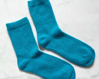 Calcetines azules de lana merino de conejo, suaves y cálidos, accesorios
