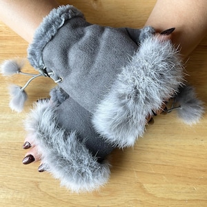 Fingerless Gloves Winter Gloves Gray Gloves Hand Warmers Warm Mittens Faux Fur Gloves Women&#39;s Accessories