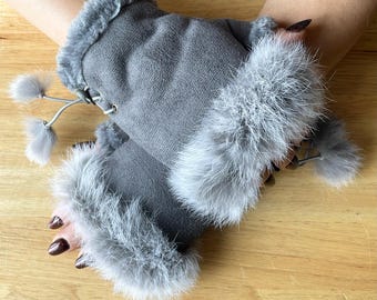 Gray Fingerless Gloves, Winter Hand Warmers, Women's Accessories