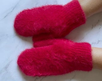 Mitones de lana de conejo rojo, guantes cálidos de invierno, accesorios para mujer
