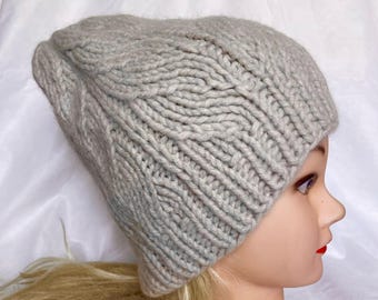 Gorro de lana beige, gorro cálido tejido a mano, boina, accesorios para mujer