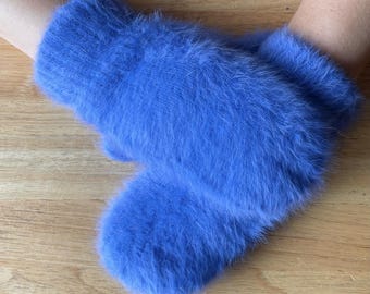 Mitones de lana de conejo azul oscuro, guantes cálidos de invierno, accesorios