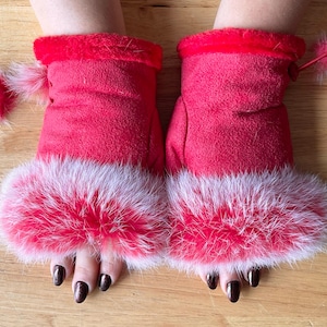Fingerless Gloves Winter Gloves Red Gloves Hand Warmers Warm Mittens Faux Fur Gloves Women&#39;s Accessories