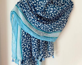 White Blue  Cotton Scarf, Large Shawl, Soft Summer Wrap, Accessories