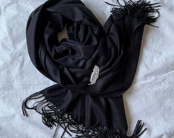 Bufanda de lana negra con alfiler, chal suave, pashmina grande, accesorios para mujer