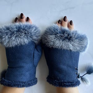 Fingerless Gloves Winter Gloves Blue Gloves Hand Warmers Warm Mittens Faux Fur Gloves Women&#39;s Accessories