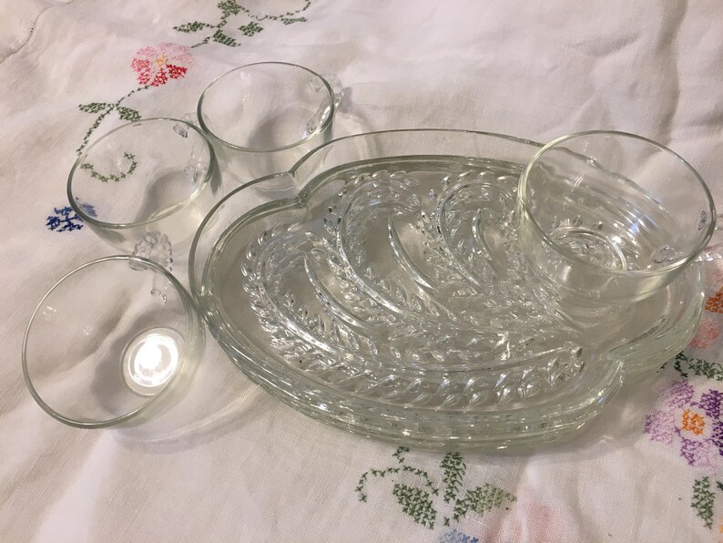 Set of 4 Federal Glass Snack/patio Set With Teacups Etsy