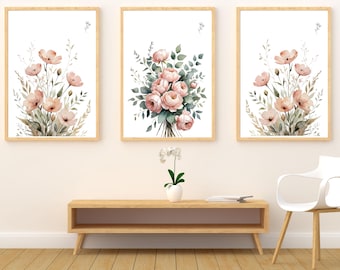 Estampados de flores silvestres en acuarela rosa ruborizado: Arte mural botánico bohemio (juego de 3, descarga digital)
