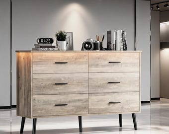 Modern 6 Drawer Wood Dresser with LED Light, Wide Clothes Storage Chest for Bedroom, Closet & Entryway Organizer