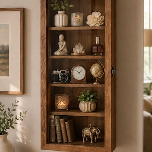 Könnte beinhalten: Ein rechteckiger Wandvitrinenschrank aus Holz mit einer Glastür, der fünf Regalböden mit Dekorationsgegenständen wie einer kleinen Uhr, einer Vintage-Kamera, einem Globus, Büchern, einer goldenen Elefantenfigur und verschiedenen Pflanzen enthält.
