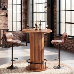 May include: A round wooden bar table with a vertical slat base and a circular metal footrest, accompanied by two brown upholstered bar stools with metal pedestals. Two wine glasses and two bottles are placed on the tabletop surface.