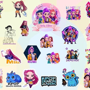 Puede incluir: Una colección de pegatinas coloridas con ilustraciones de dibujos animados de personajes de estilo anime. Las pegatinas incluyen varias poses y diseños, con texto como "HUNTRAX", "KPOP DEMON HUNTERS" y nombres de personajes como "MIRA" y "RUMI".