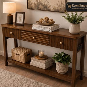 Op de afbeelding: Een donkerbruine houten sidetable met drie lades met kleine gouden knoppen, een onderste opbergplank en een ingebouwd stopcontact aan de zijkant. Op het tafelblad liggen boeken met de titels Live Beautiful en This Is Home, een schaal met decoratieve bollen.