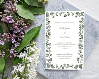 Strawberry Vine Wedding Invitation Template – Hand-Drawn Green Linocut Style, Canva Editable, Botanical Printable Invite, Digital Download