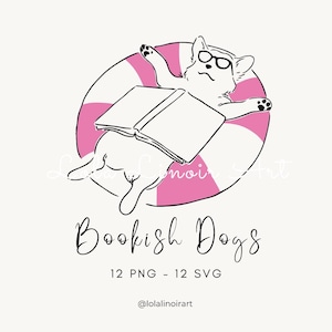 Pode incluir: Ilustração em preto e branco de um cão com óculos flutuando em uma boia rosa e branca enquanto lê um livro. O texto "Bookish Dogs" está abaixo da ilustração, junto com "12 PNG - 12 SVG".