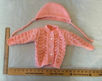 Suéter tejido a mano con gorro para bebé niña - Sakura Rosa (0 a 3 meses)
