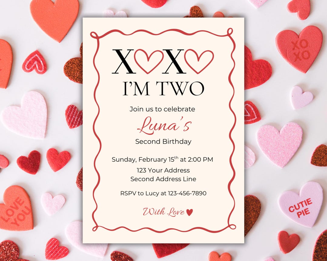 February Invite Valentine Birthday Invitation, XOXO 2nd Bday Invite, Modern February ...