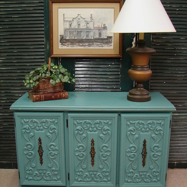 Reclaimed Vintage Robin Egg Blue Paint Ornate 60s Dresser Baby Credenza Media Console Chest of Drawers (BT) Call for SHIP QUOTE