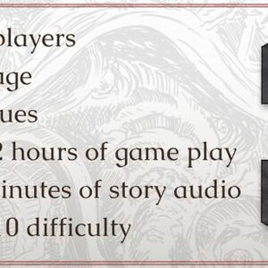 May include: A graphic with game details: 1-6 players, 14+ age, 45 clues, 1.5-2 hours of gameplay, 10 minutes of story audio, and 7.5/10 difficulty. The background has a decorative pattern and a dark geometric shape.