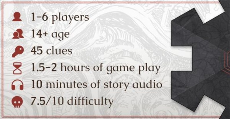 May include: A graphic with game details: 1-6 players, 14+ age, 45 clues, 1.5-2 hours of gameplay, 10 minutes of story audio, and 7.5/10 difficulty. The background has a decorative pattern and a dark geometric shape.